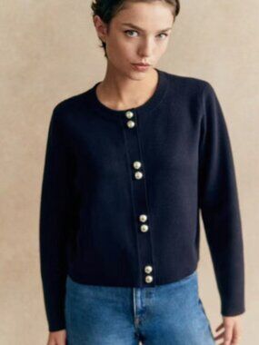 Sezane Agathe Cardigan, Navy, size XS 100% Merino Wool NWOT